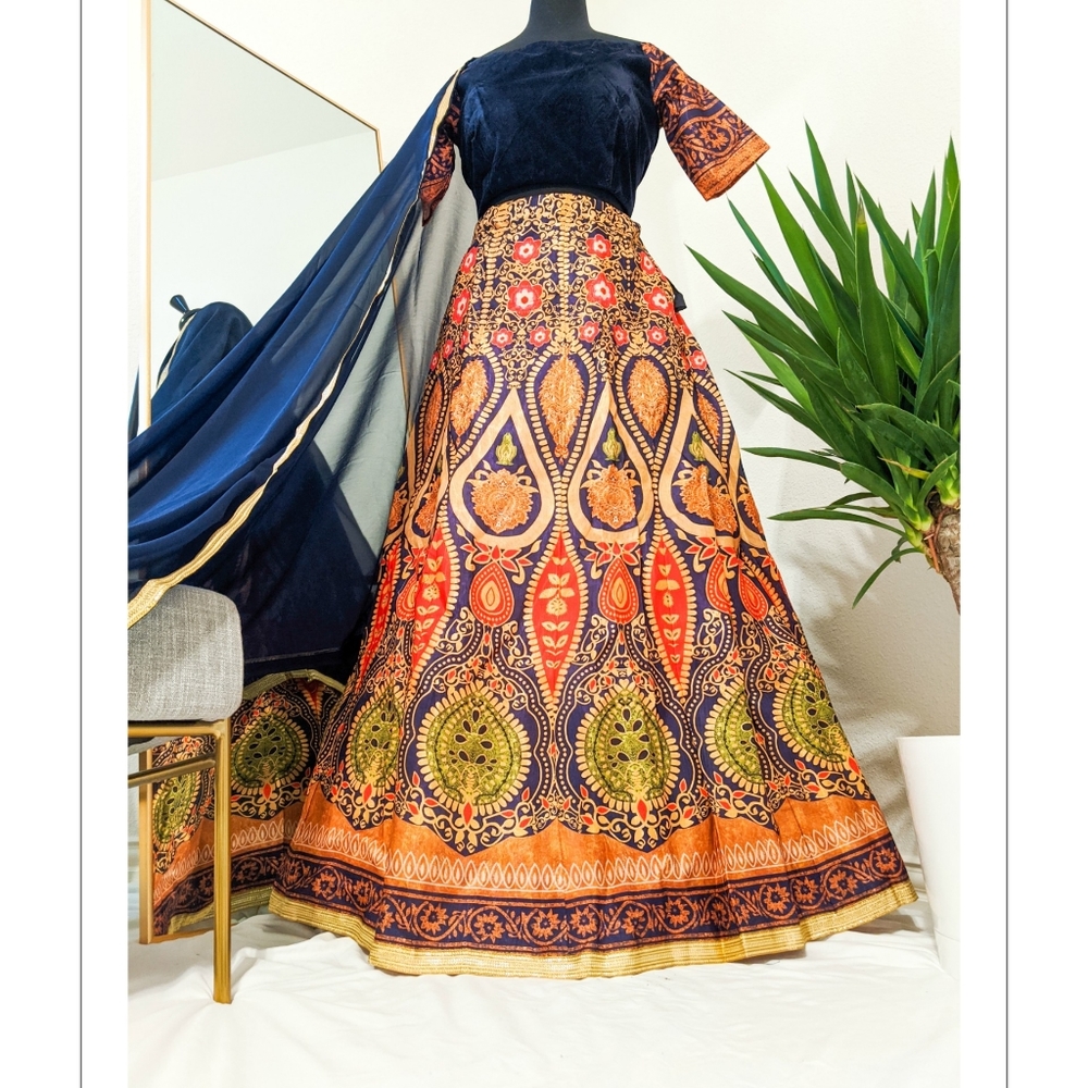 Long silk lehenga with blue velvet house